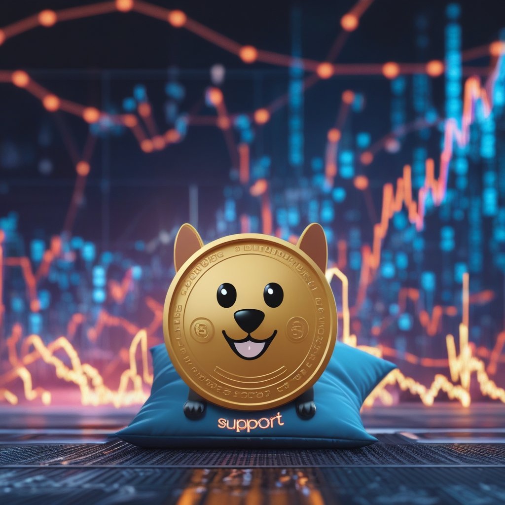 BONK price analysis: A cartoon of a happy dog coin smiling while sitting on a pillow labeled 'Support', with a ceiling labeled 'Resistance' above