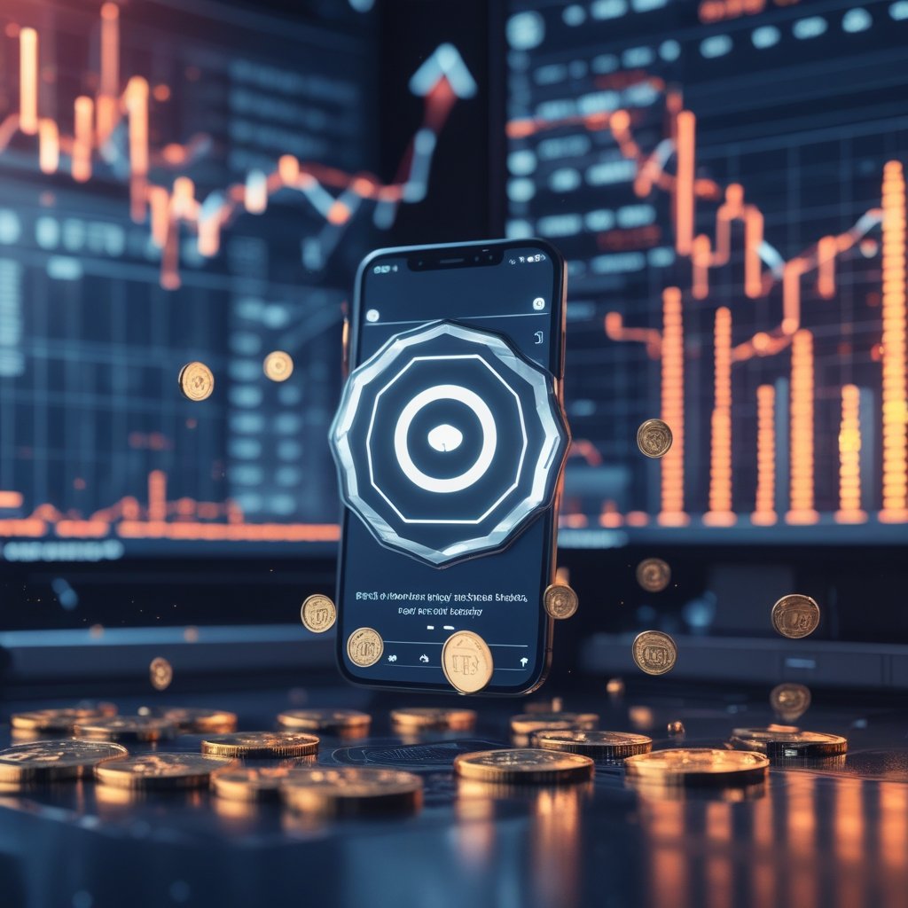 BPCE crypto trading: A cartoon showing digital coins floating around a smartphone with a shield symbol