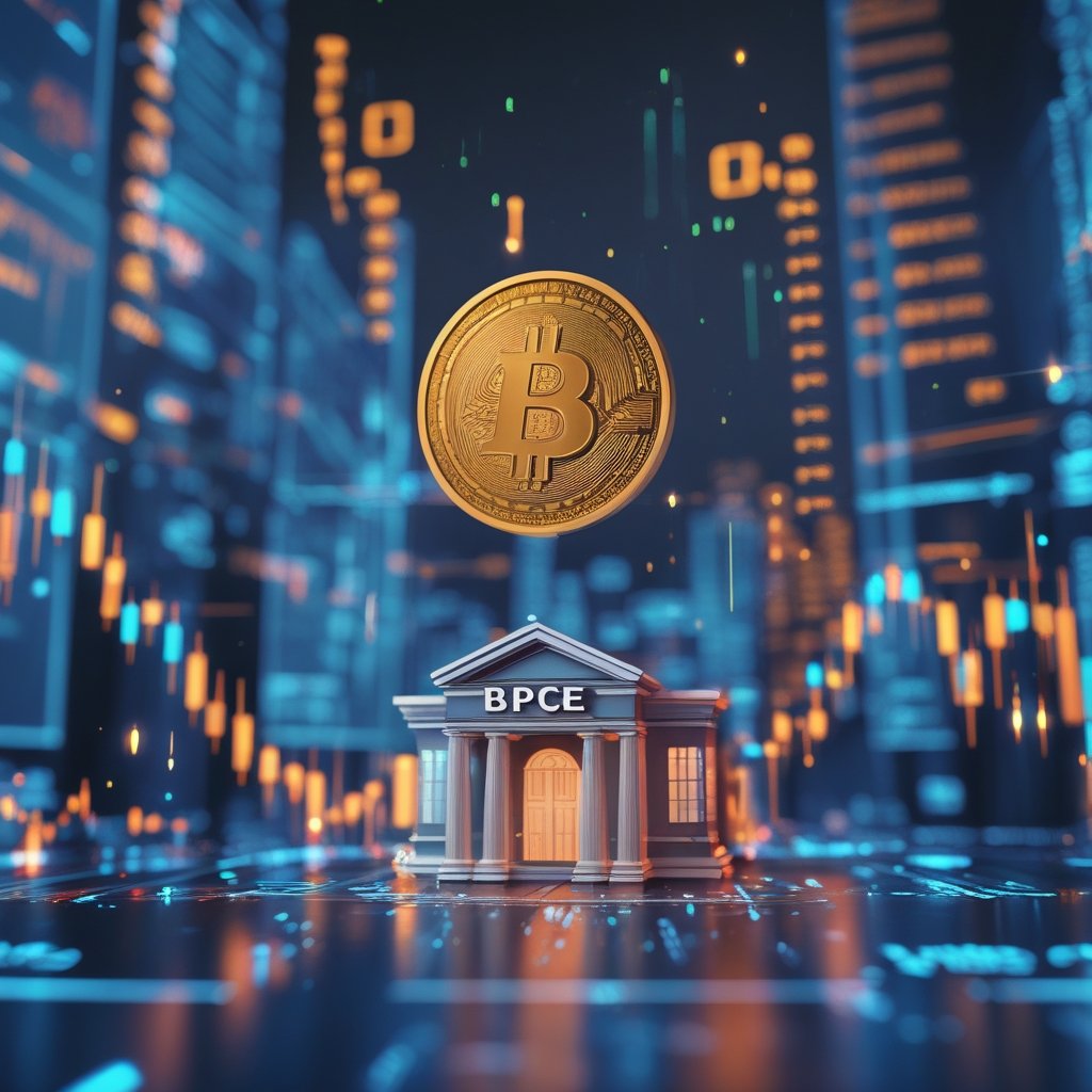 BPCE crypto trading: A friendly cartoon bank building with a smartphone showing digital coins