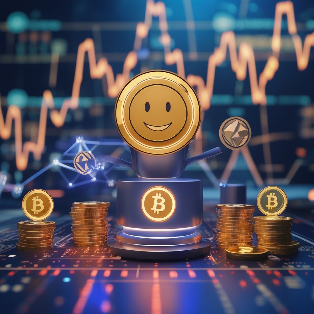 BPCE crypto trading: A friendly cartoon bank with smiling coins and digital symbols