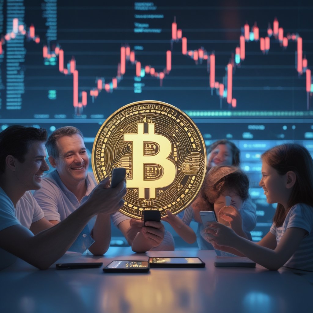 BPCE crypto trading: A happy family looking at a smartphone with digital coins and regular money