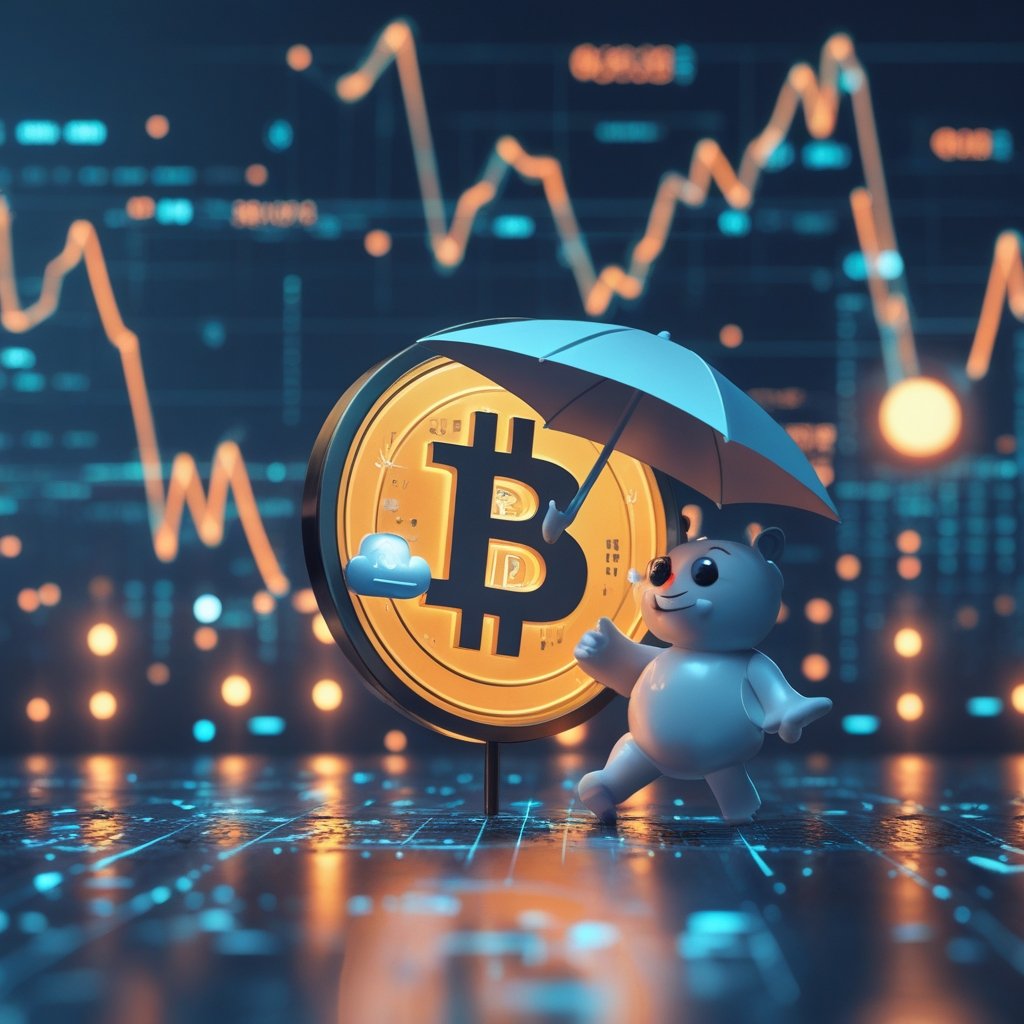 BTC December recovery: A cheerful cartoon character checking a simple weather forecast with sun and clouds, holding a toy umbrella