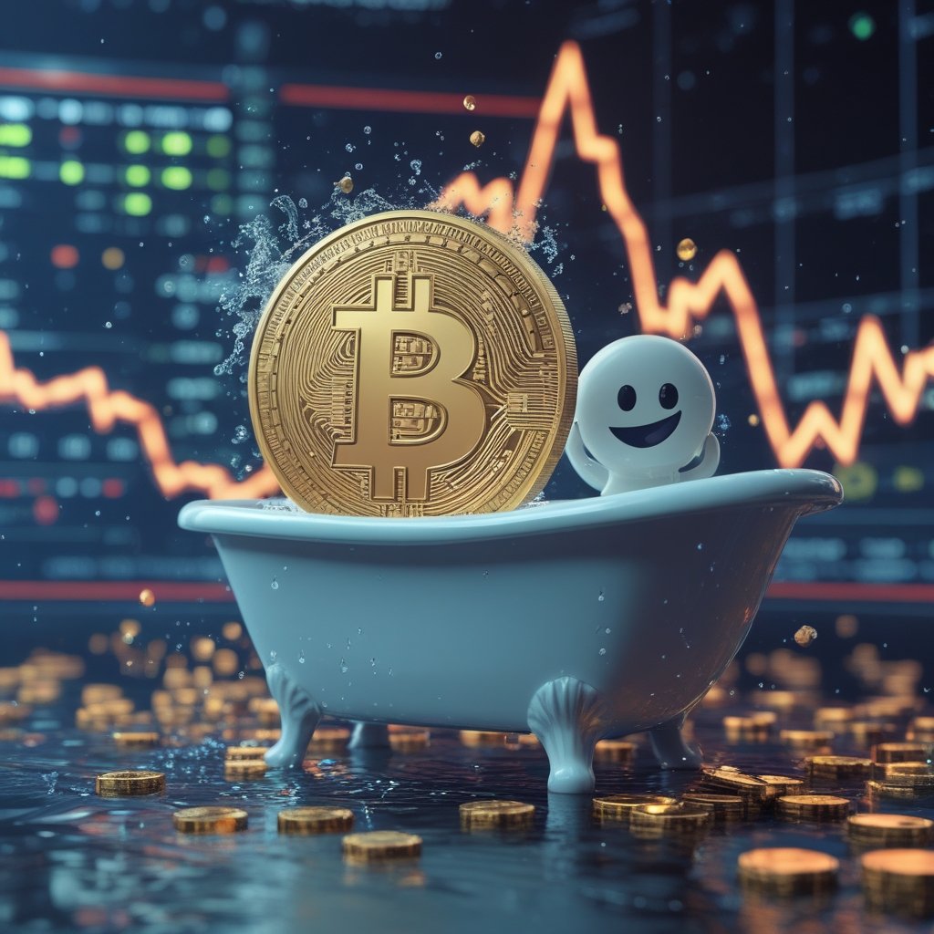 BTC December recovery: A friendly cartoon bathtub filling with coins instead of water, with a smiling Bitcoin character splashing nearby