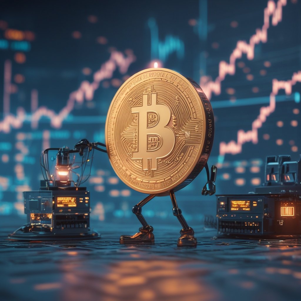 BTC weekly close: A cartoon showing Bitcoin production with mining machines
