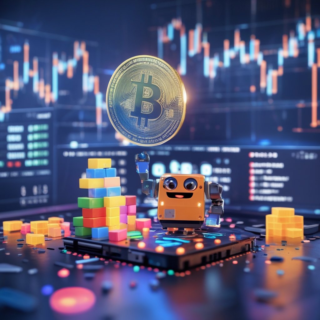 Best altcoin under $0.01: A child-friendly cartoon of a virtual mining rig made of colorful blocks, with a happy robot PEPENODE token adding blocks to make the rig bigger