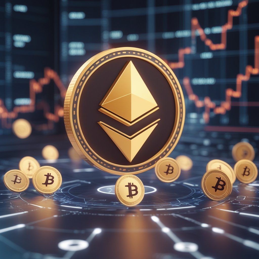 Best altcoin under $0.01: A friendly cartoon Ethereum token with a big smile, surrounded by smaller tokens like PEPENODE celebrating together