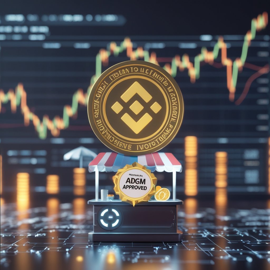 Binance ADGM license: A friendly cartoon lemonade stand with a big shiny badge that says 'ADGM Approved'