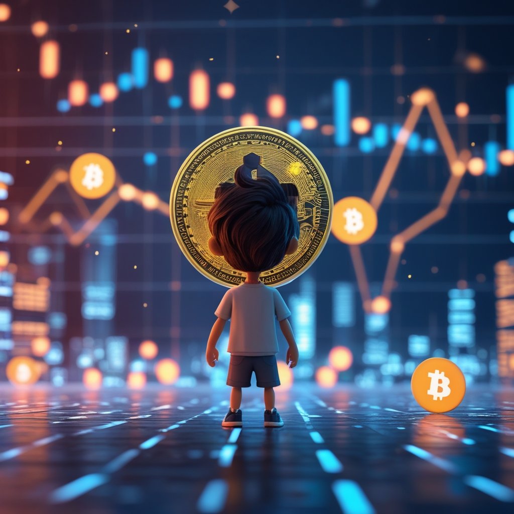Binance ADGM license: A happy cartoon kid looking at a future city with digital money symbols floating around