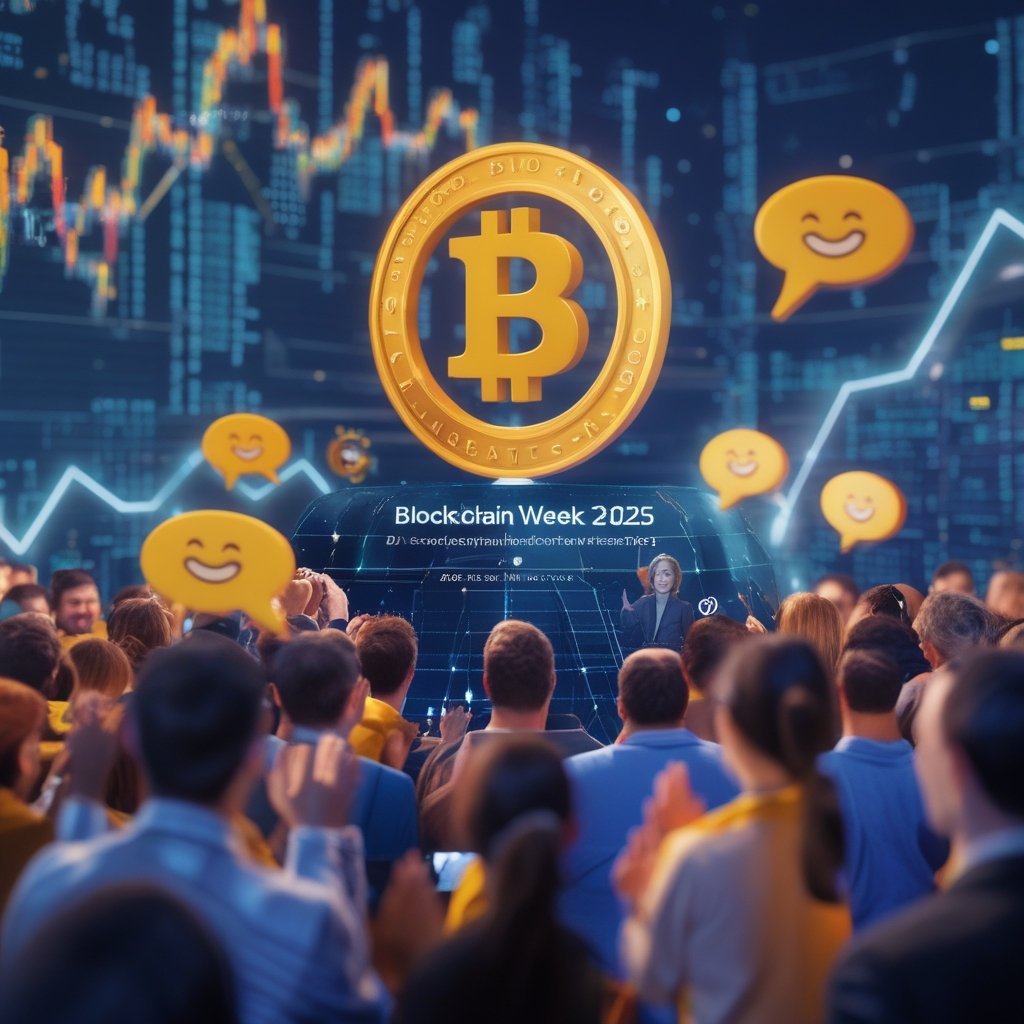 Binance Blockchain Week 2025: A colorful picture of a crowd of people clapping and smiling, with speech bubbles showing happy faces.