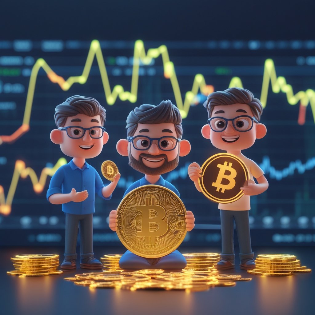 Binance Blockchain Week 2025: A friendly cartoon scene showing two people, one holding a shiny gold coin and the other holding a glowing Bitcoin on a tablet.
