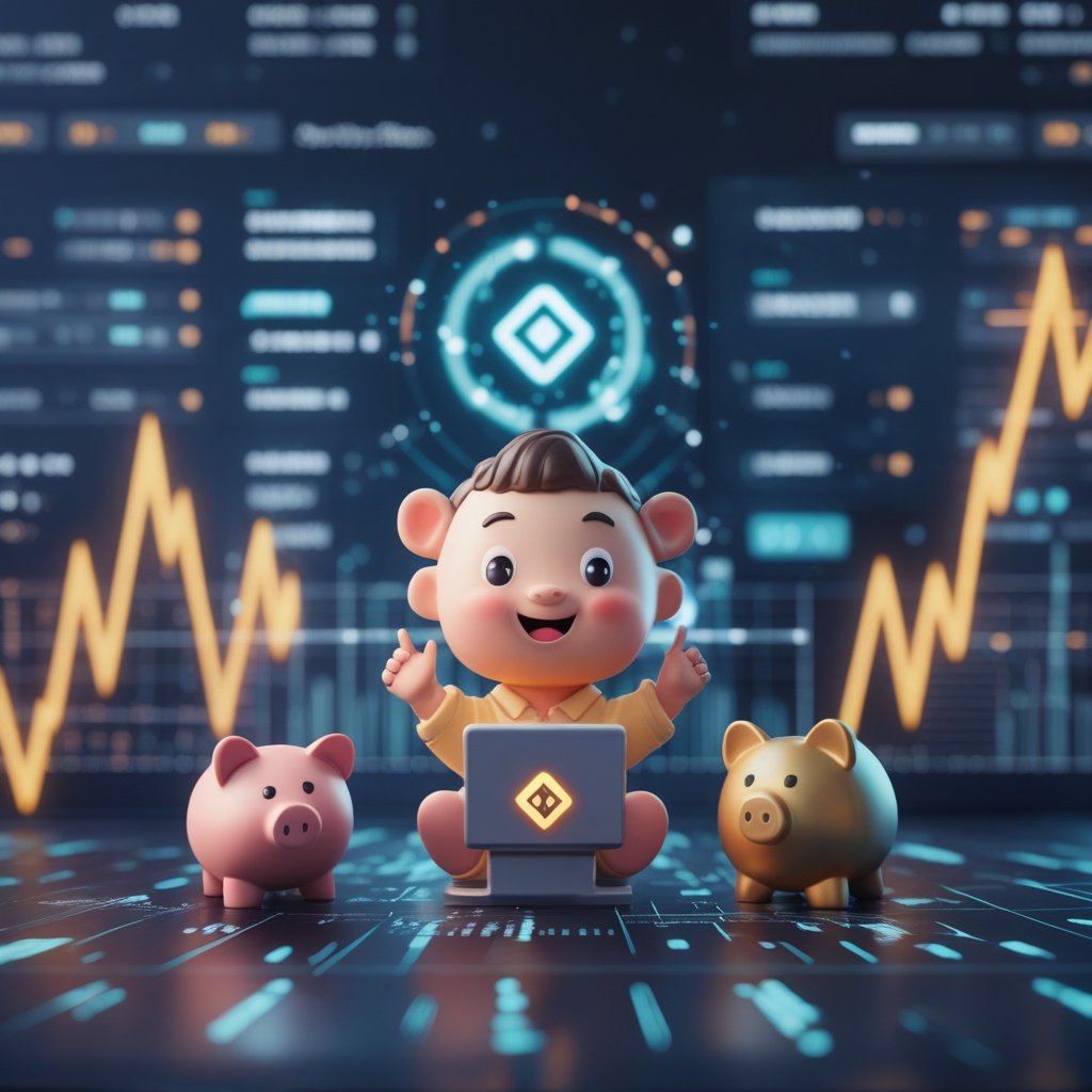 Binance Blockchain Week 2025: A happy child holding a piggy bank shaped like a computer and a piggy bank shaped like a gold coin, smiling.