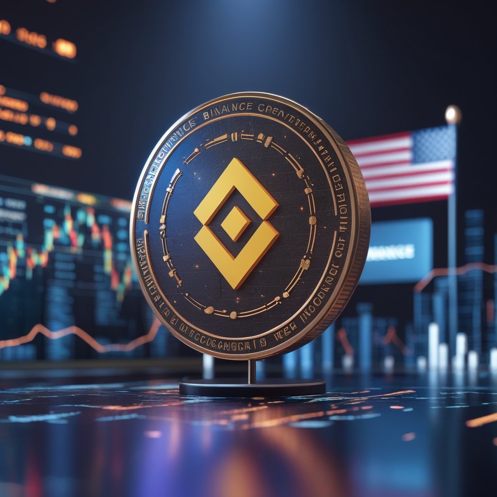 Binance US expansion: Image of Changpeng Zhao speaking at Binance Blockchain Week in Dubai, with American and Binance flags in the background