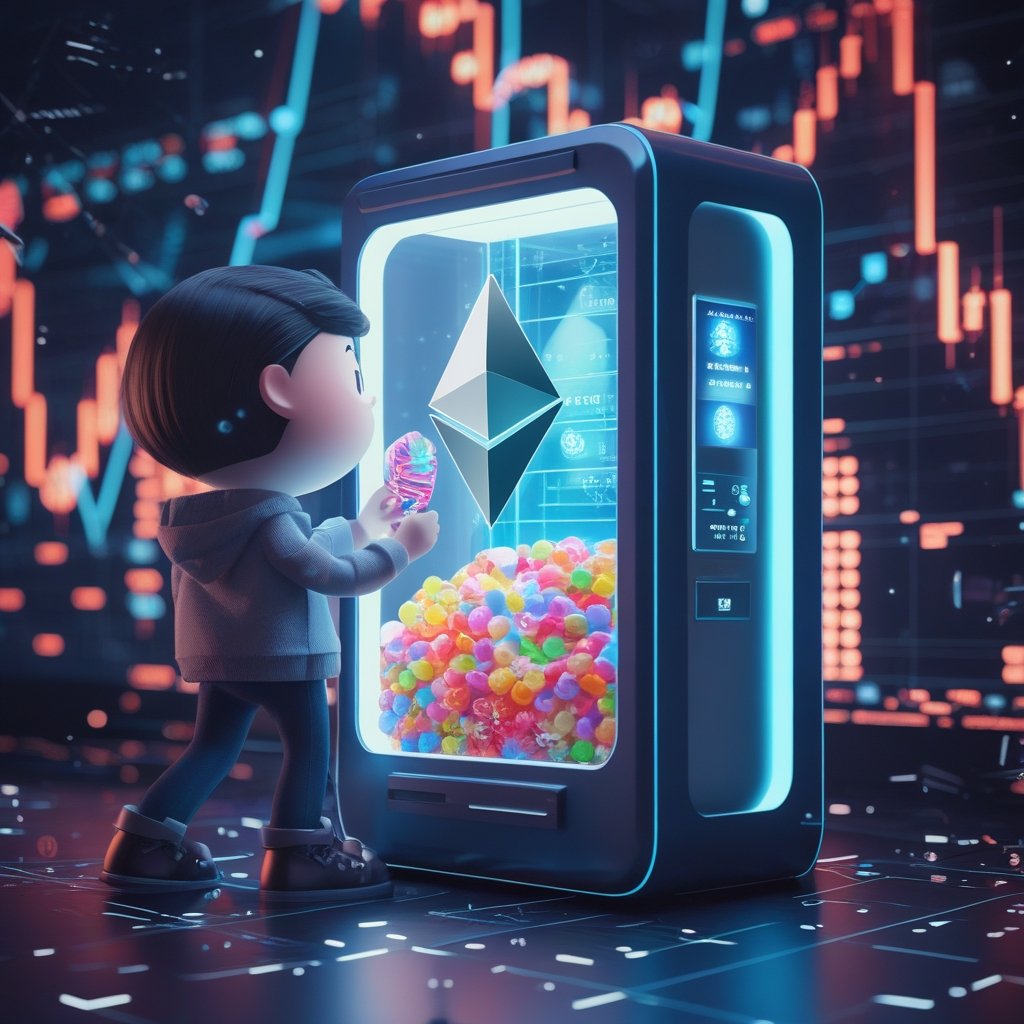 BitMine Ether purchase: A friendly cartoon character buying lots of colorful candy from a big digital vending machine