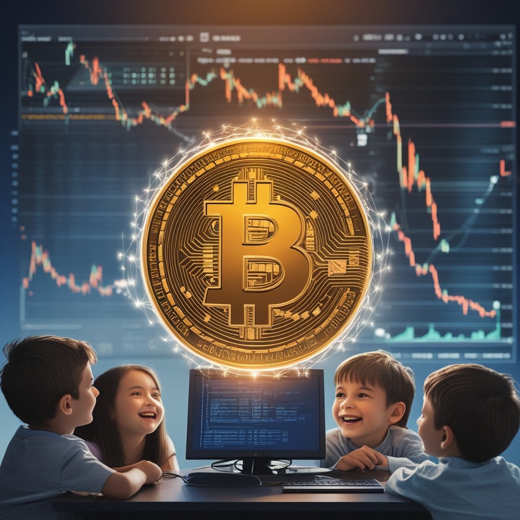 Bitcoin $100K: A cartoon of a glowing digital coin floating above a computer, with happy children looking at it
