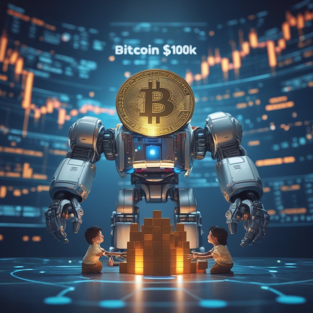 Bitcoin $100K: A friendly cartoon of a giant robot helping build a castle with blocks, while kids watch with wonder