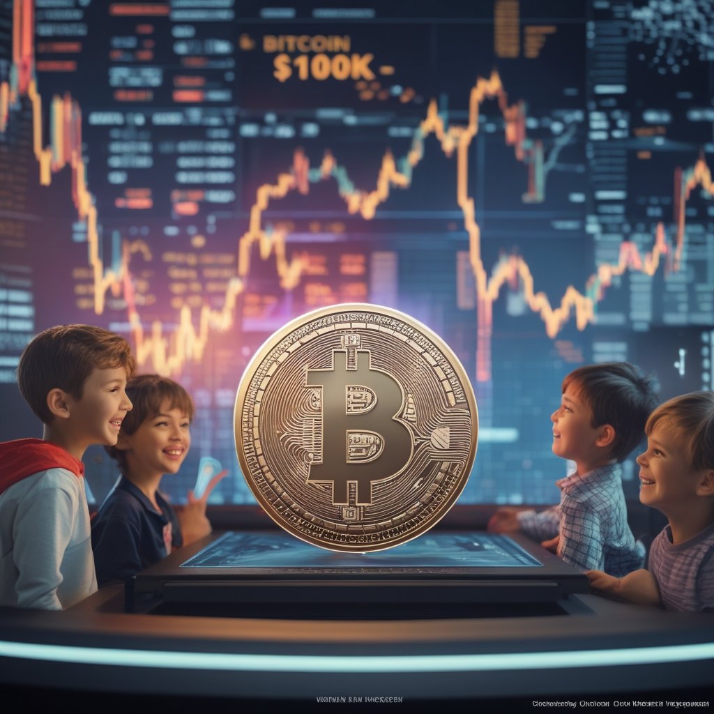 Bitcoin $100K: A happy cartoon of children and adults looking at a big screen showing Bitcoin going up, with smiles on their faces