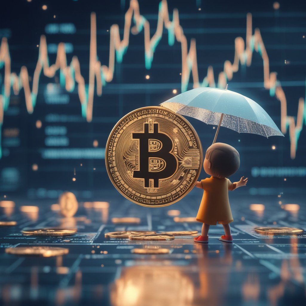 Bitcoin $95k stall: A cartoon of a child with an umbrella, watching Bitcoin coins fall from the sky.