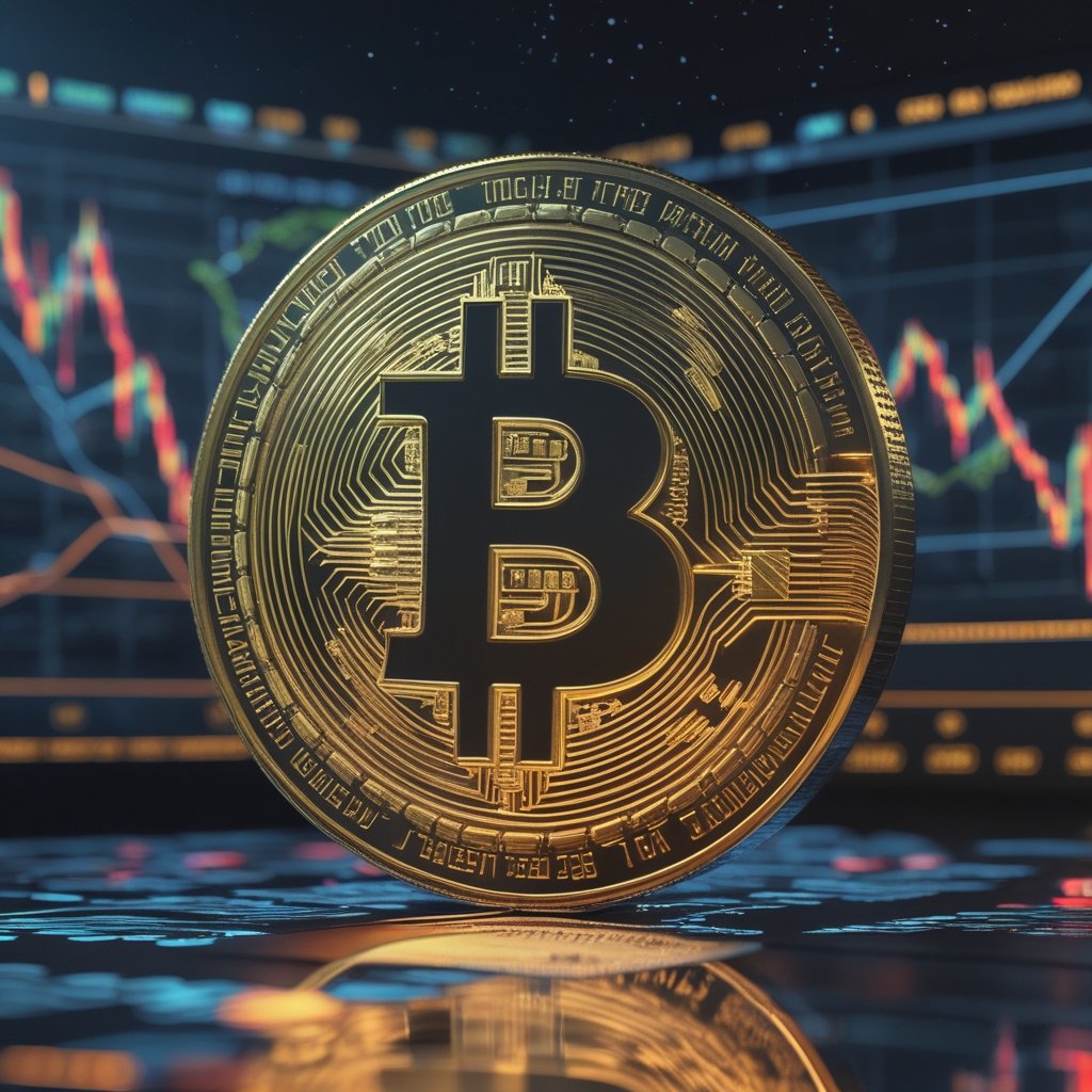 Bitcoin $95k stall: A cartoon of a shiny gold coin with a computer screen face, floating in space.