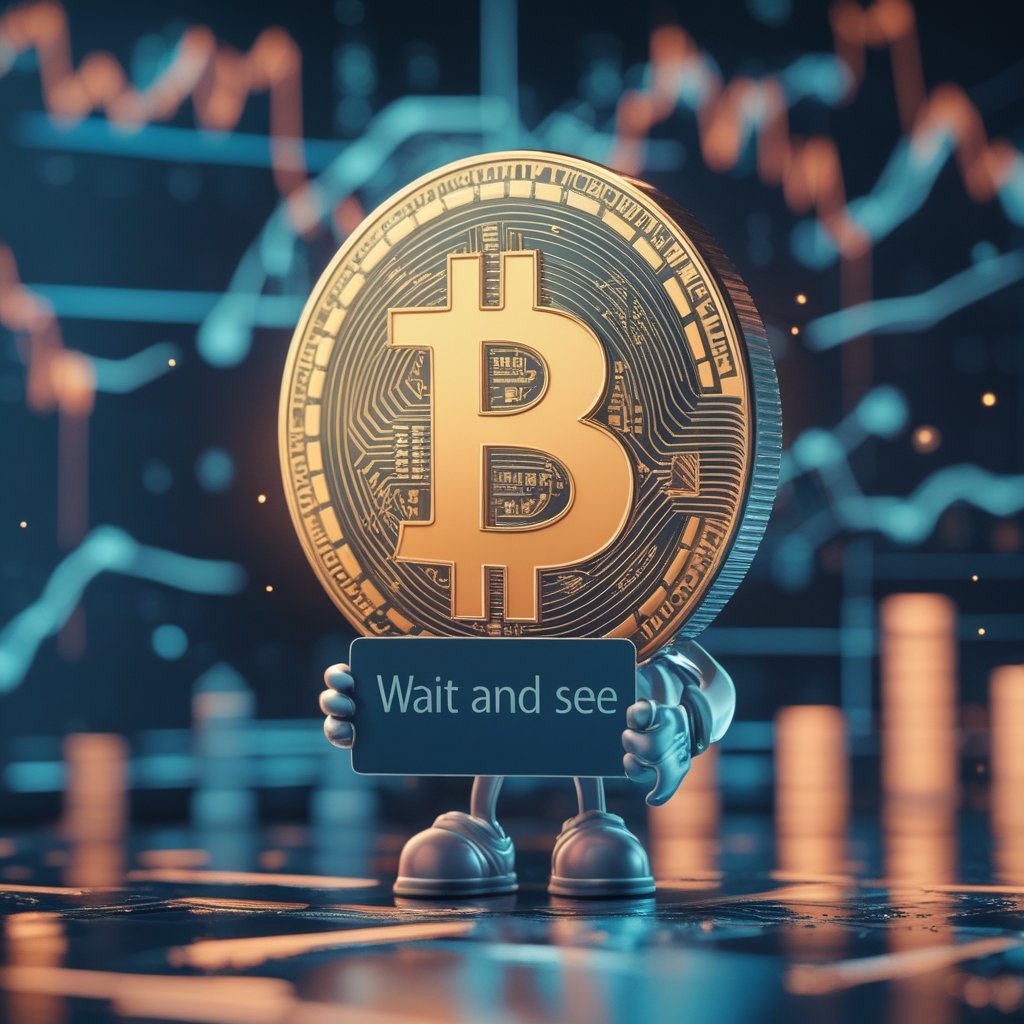 Bitcoin $95k stall: A friendly cartoon character with a worried face, holding a sign that says 'Wait and see'.