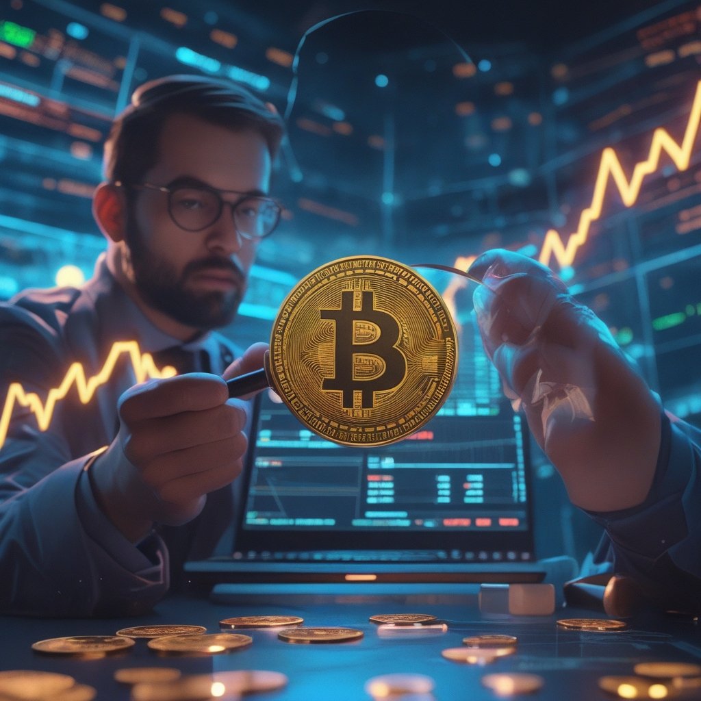 Bitcoin: A cartoon detective with a magnifying glass looking at a Casascius coin