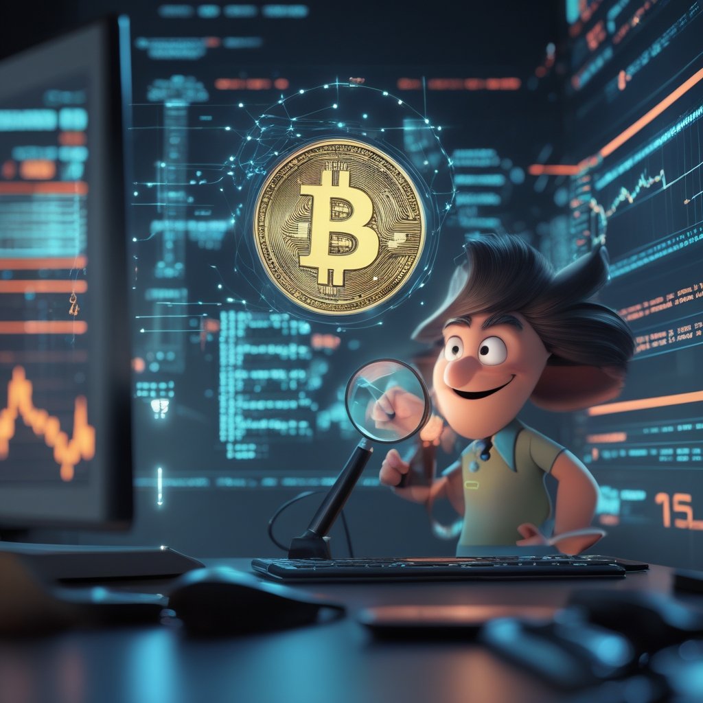 Bitcoin: A cartoon of a computer with a magnifying glass, checking for bugs, and a happy face when it finds nothing wrong.