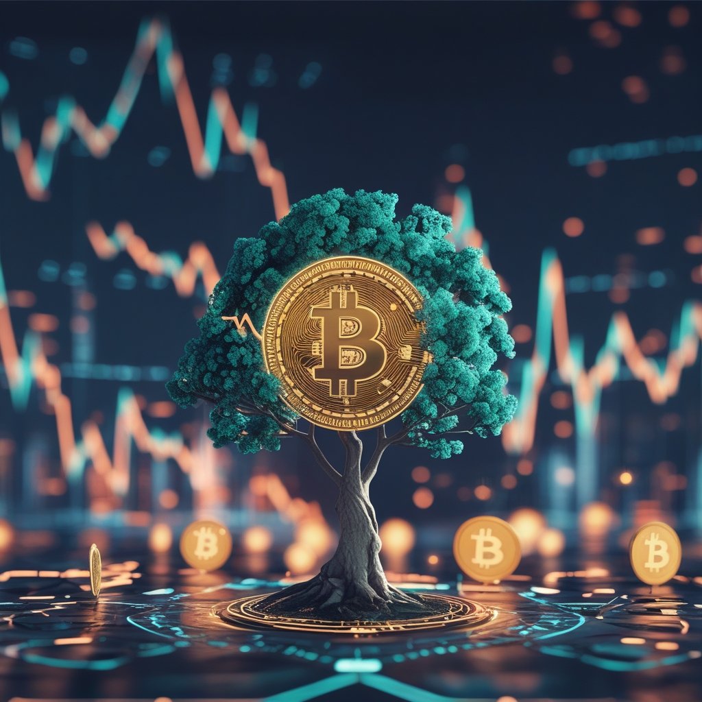 Bitcoin: A cartoon tree growing from a tiny seed into a big tree with Bitcoin symbols on it