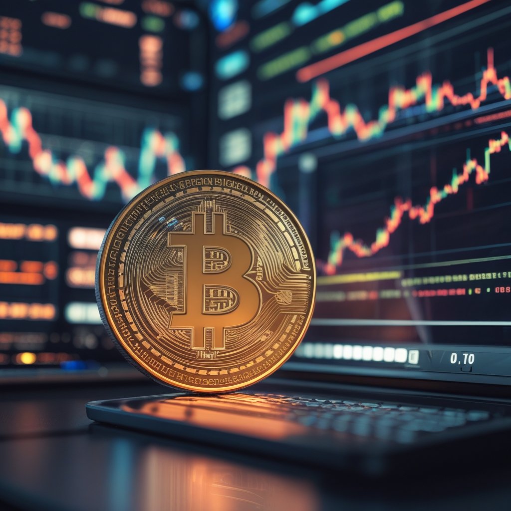 Bitcoin: A shiny metal coin with a hologram sticker, sitting next to a cartoon computer showing a Bitcoin symbol