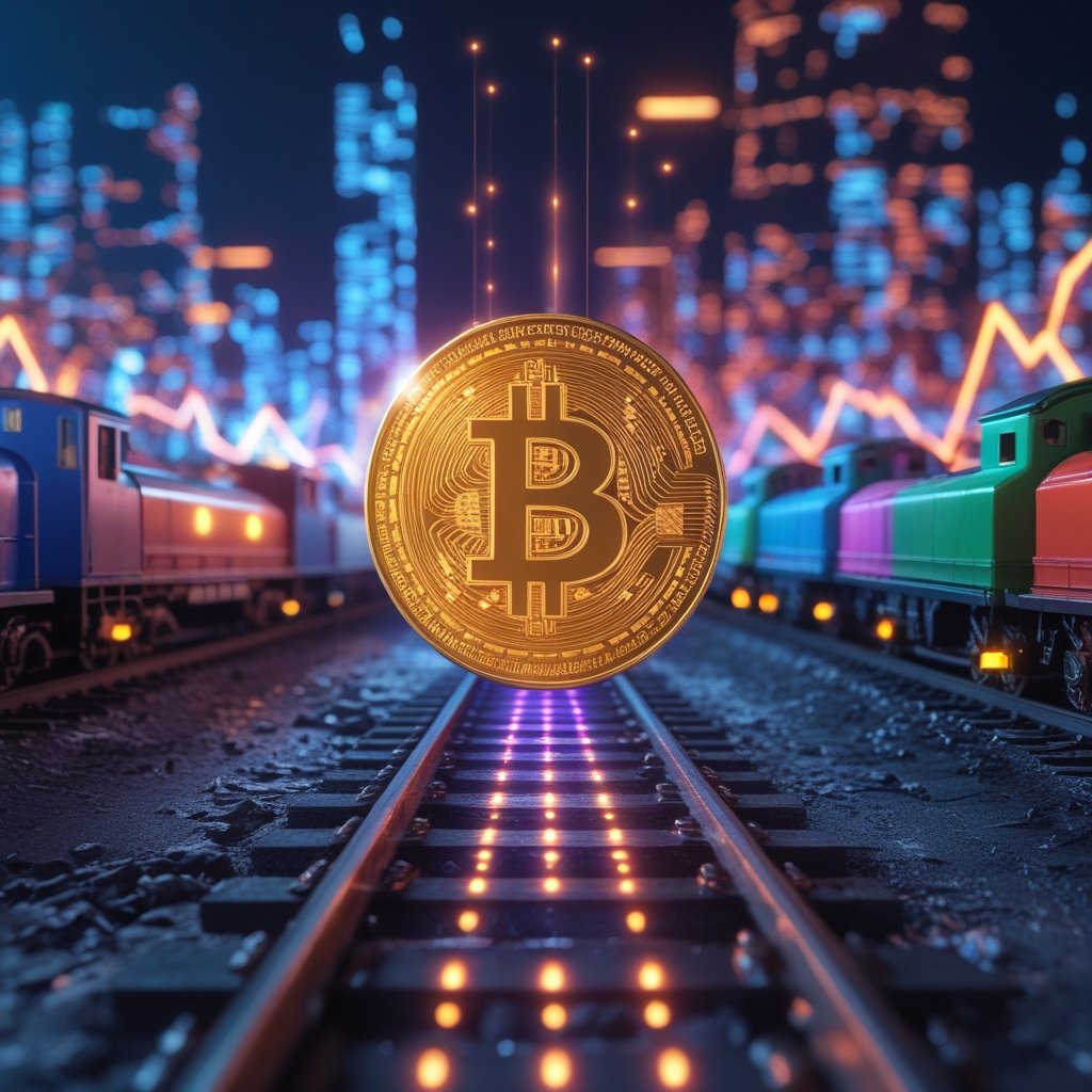 Bitcoin Cash price: A colorful train track with different trains labeled as blockchains, with one train shining brightly