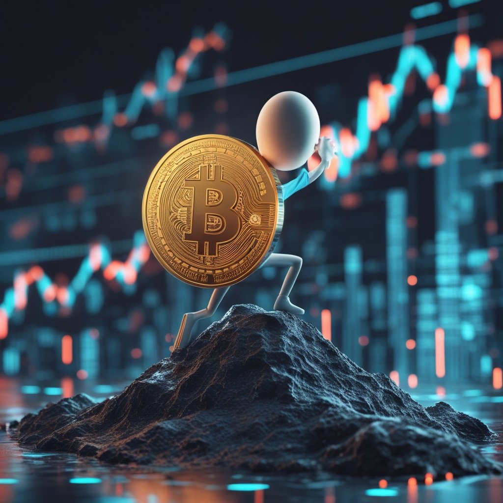 Bitcoin ETF: A cartoon Bitcoin coin trying to climb over a big hill