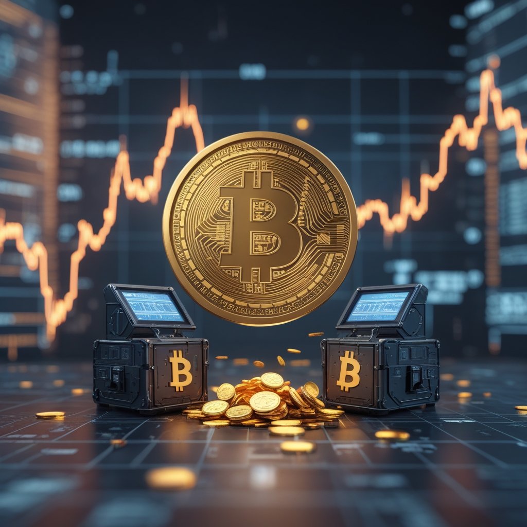 Bitcoin ETF: A cartoon showing a happy treasure chest (IBIT) next to sad mining machines (IREN, CIFR) with Bitcoin coins falling down