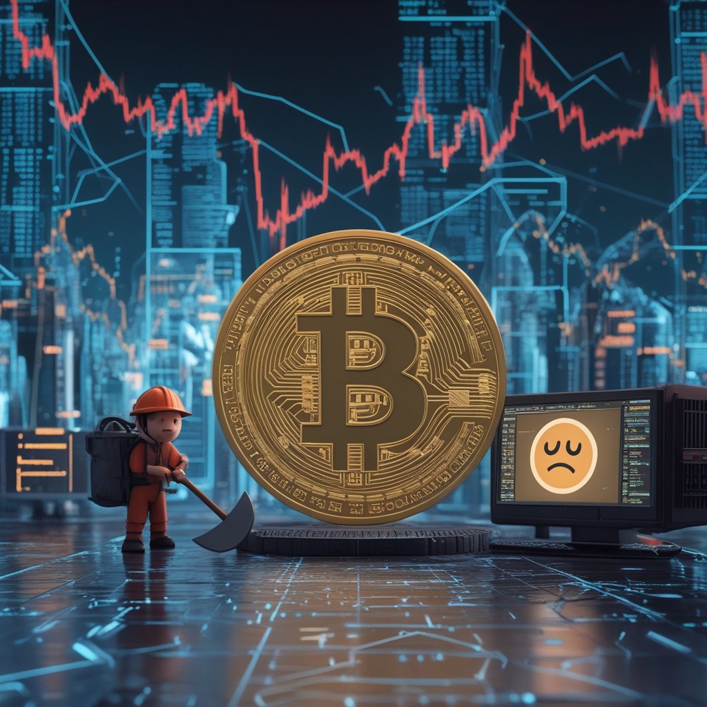 Bitcoin ETF: A cartoon showing a miner with a pickaxe next to a giant computer, with electricity bolts and sad faces on the mining company logos