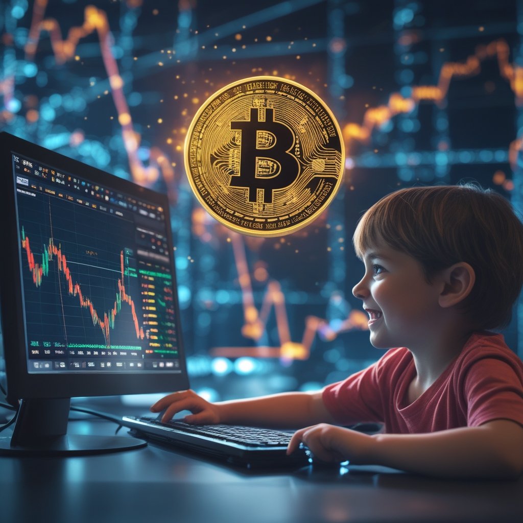 Bitcoin ETF: A happy child looking at a computer screen showing rising Bitcoin graphics, representing a bright financial future.