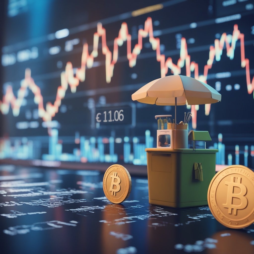 Bitcoin ETF: A simple cartoon of a lemonade stand with a price tag showing $1.00 changing to $1.06, with a happy Bitcoin coin nearby