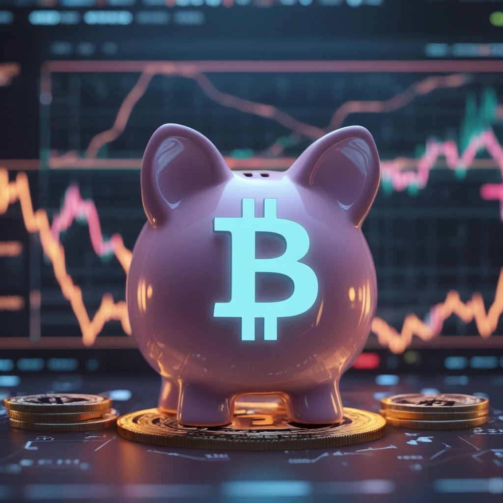 Bitcoin ETF: A simple cartoon showing a piggy bank with a Bitcoin symbol, representing a Bitcoin ETF.