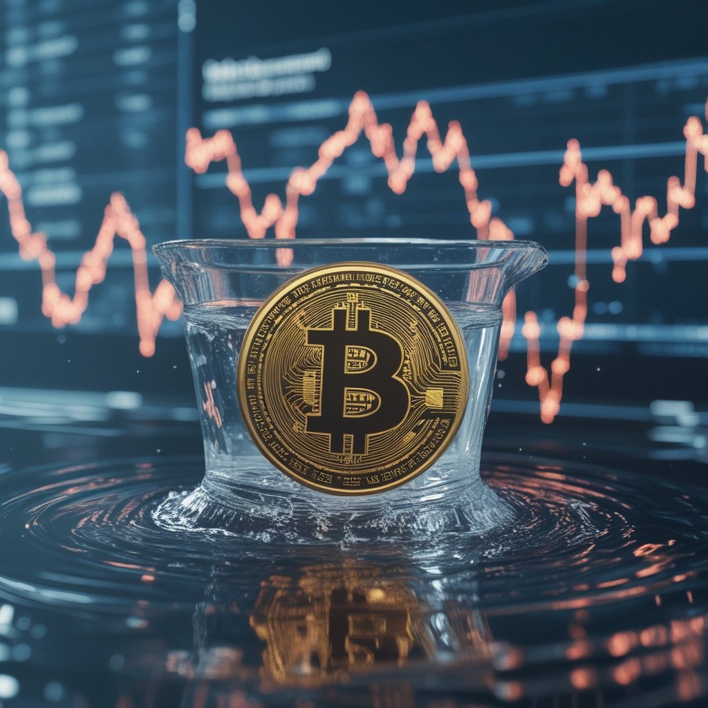 Bitcoin ETF assets: A bucket being filled with water while a small hole lets some out, showing how inflows and price drops balance