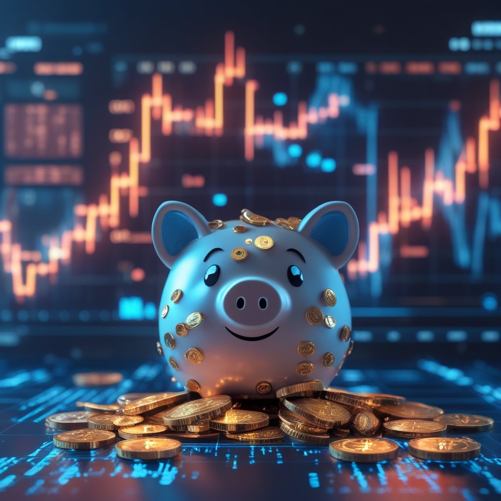 Bitcoin ETF assets: A cartoon piggy bank filled with tiny Bitcoin coins, with a roller coaster track above it showing ups and downs