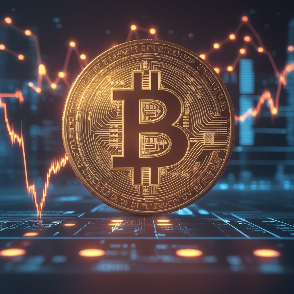 Bitcoin ETF assets: A simple chart showing a line going up, then down, with a sun symbol at the end to show hope