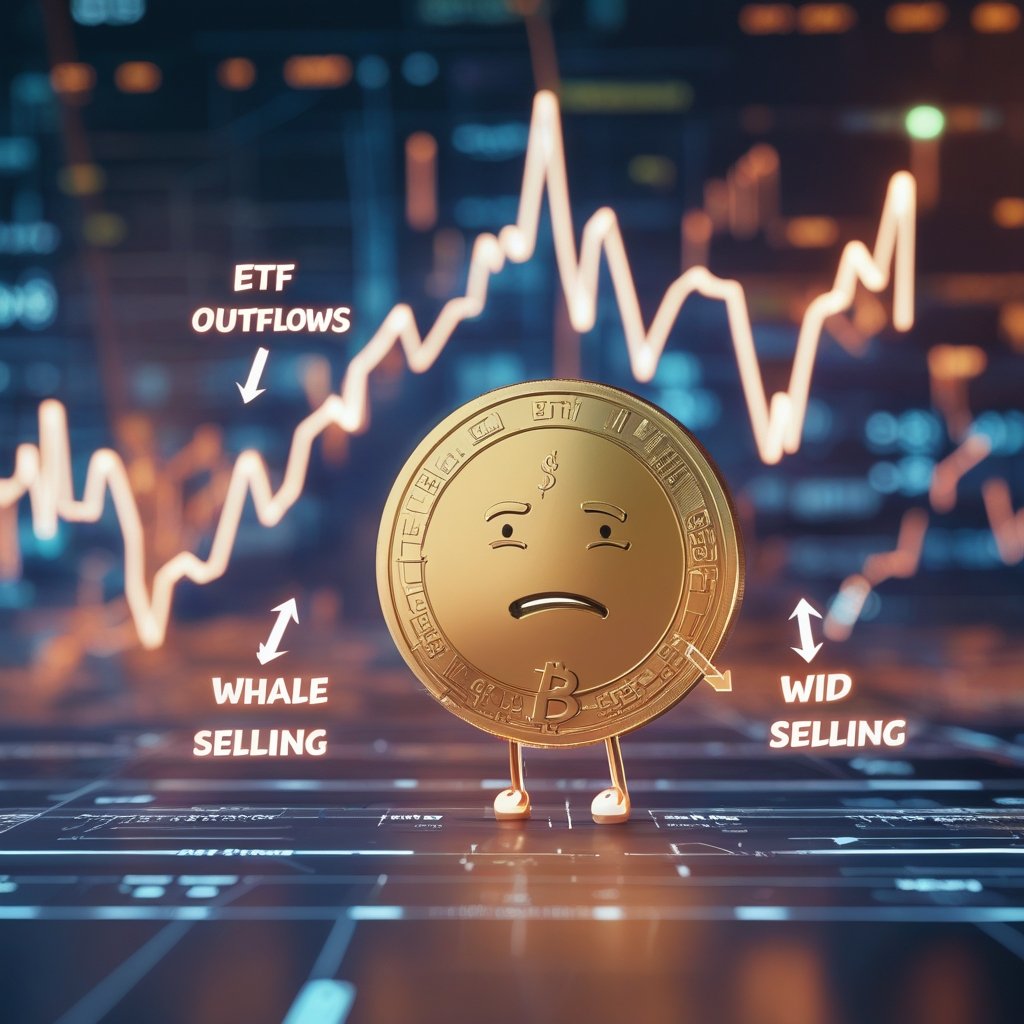 Bitcoin ETF outflows: A friendly cartoon of a Bitcoin coin with sad face, with arrows pointing down around it, and simple labels showing 'ETF outflows' and 'whale selling' in kid-friendly font