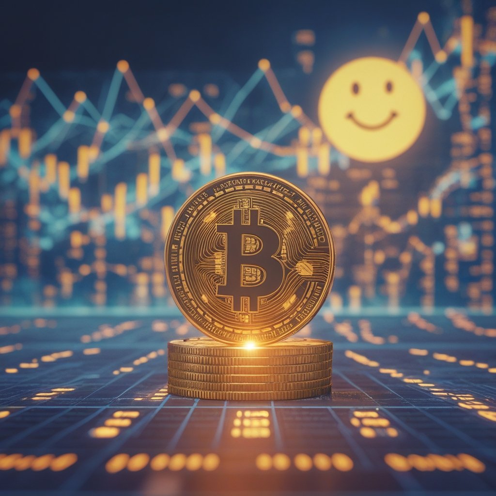 Bitcoin ETF outflows: A friendly cartoon showing a Bitcoin coin on a roller coaster going up and down, with a smiling sun in the background