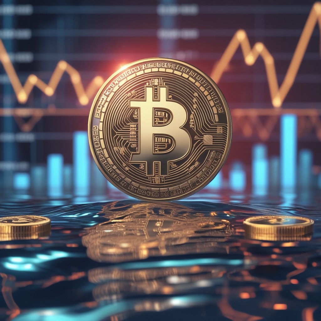 Bitcoin ETF outflows: A simple cartoon of a swimming pool with water levels going down, with happy coins looking worried as the water disappears