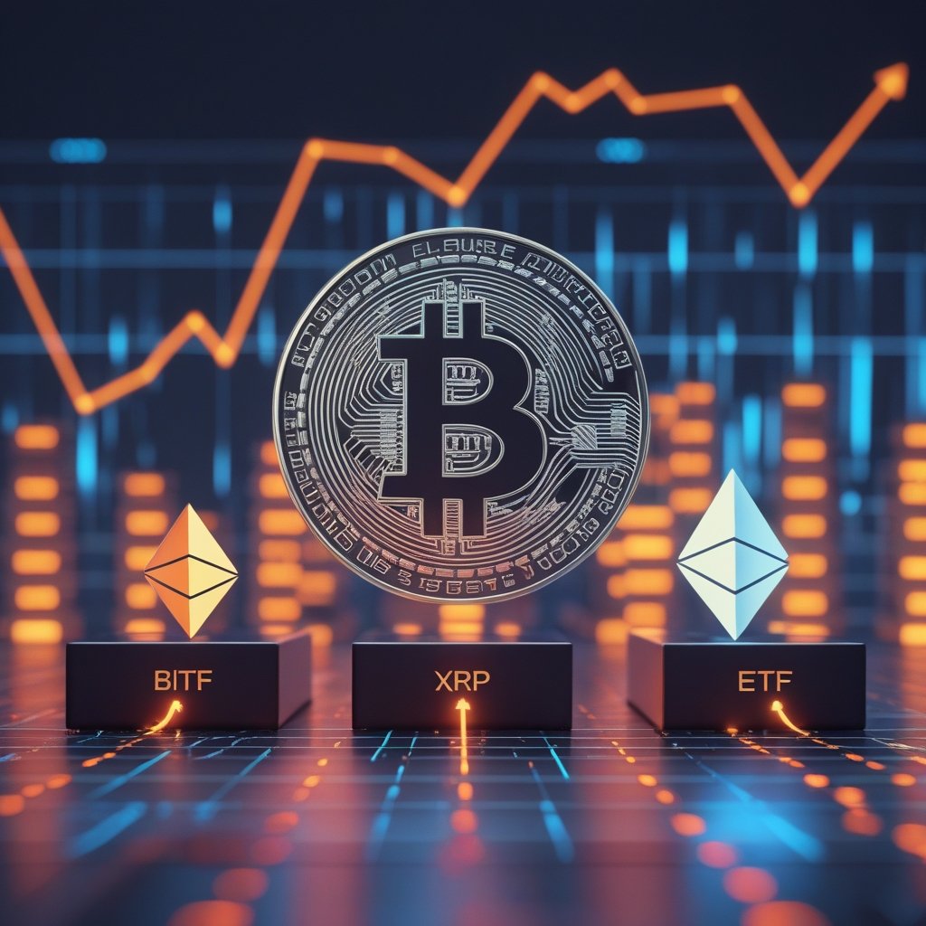 Bitcoin ETF outflows: A simple picture of three boxes: Bitcoin, XRP, and Ethereum, with arrows showing money flowing in and out.
