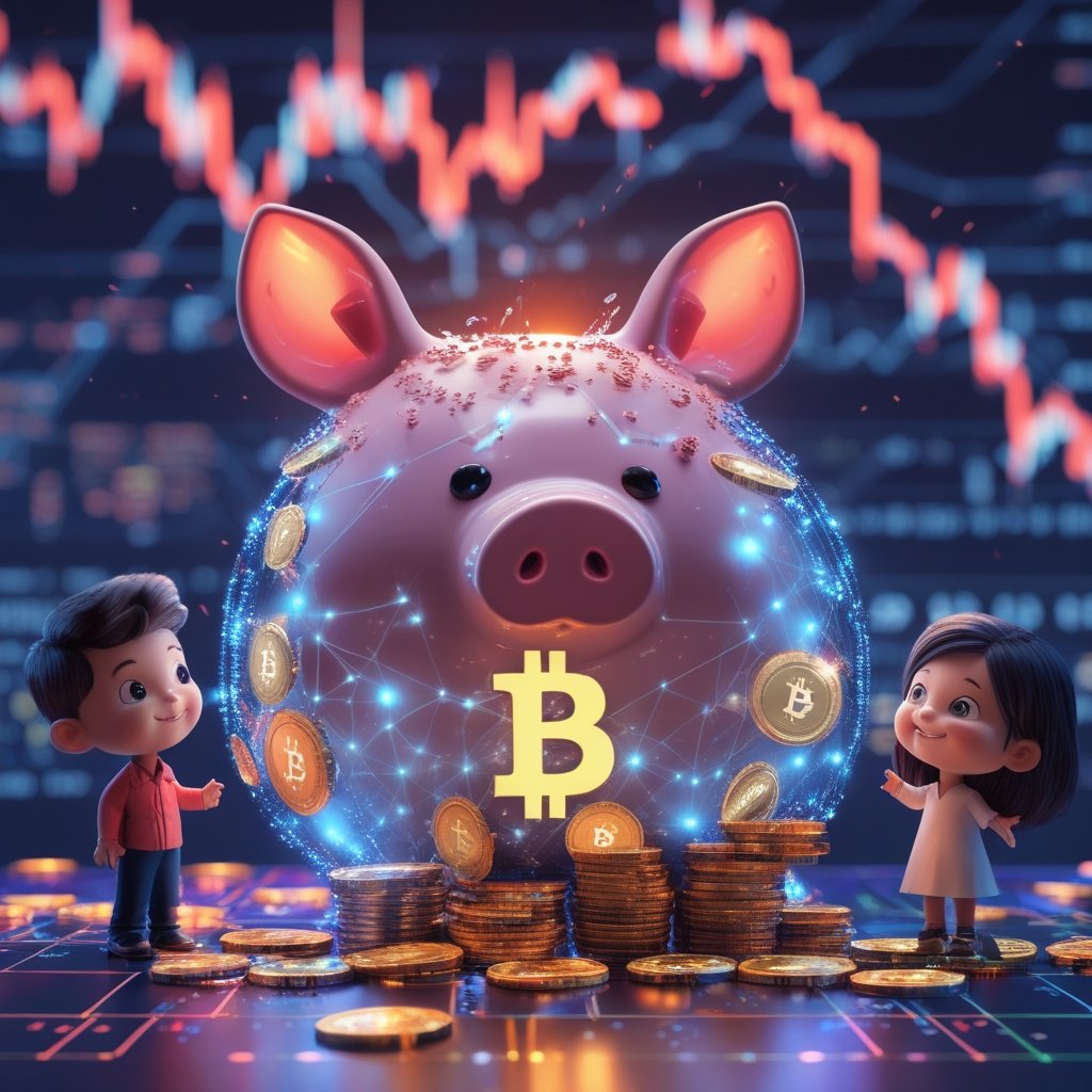 Bitcoin ETFs: A colorful cartoon of a giant piggy bank filled with digital coins and smiling children watching it