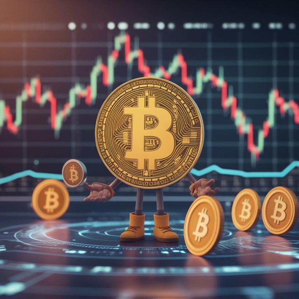 Bitcoin ETFs: A friendly cartoon character explaining Bitcoin to a child with simple pictures of digital coins