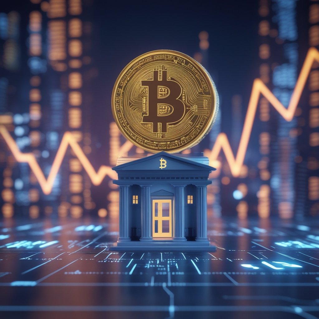 Bitcoin ETFs: A friendly cartoon showing a bank building with a Bitcoin symbol, looking happy and safe