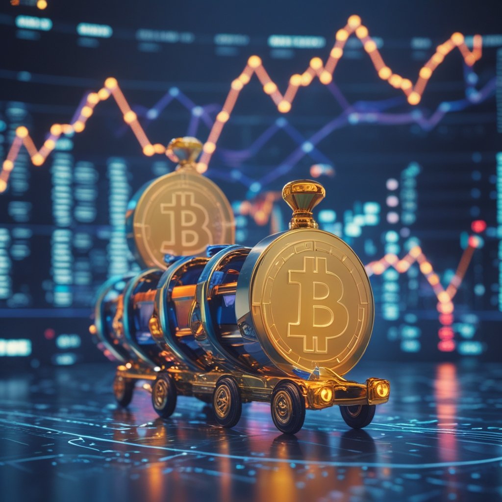 Bitcoin ETFs: A happy cartoon roller coaster with Bitcoin symbols as passengers