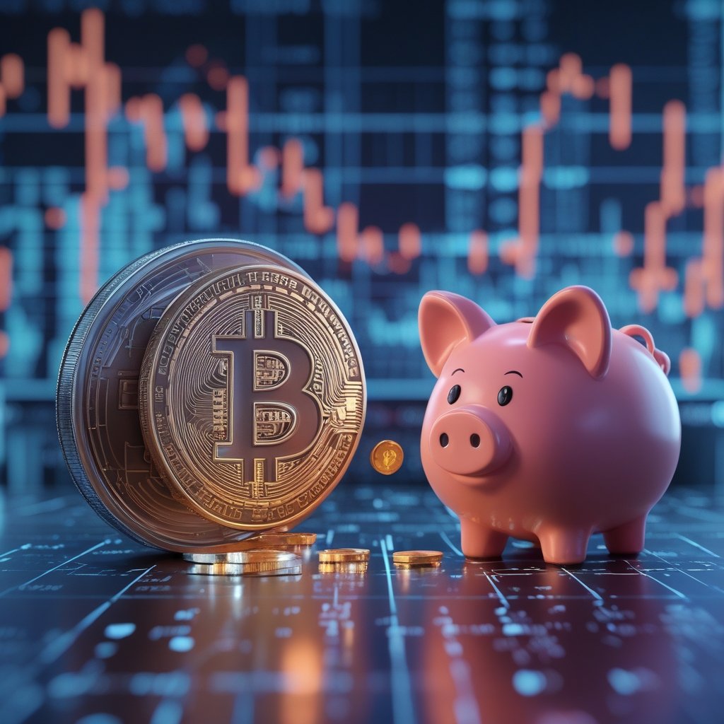 Bitcoin ETFs outflows: A cartoon of a sad piggy bank with Bitcoin symbols and coins coming out, next to a happy piggy bank with coins going in