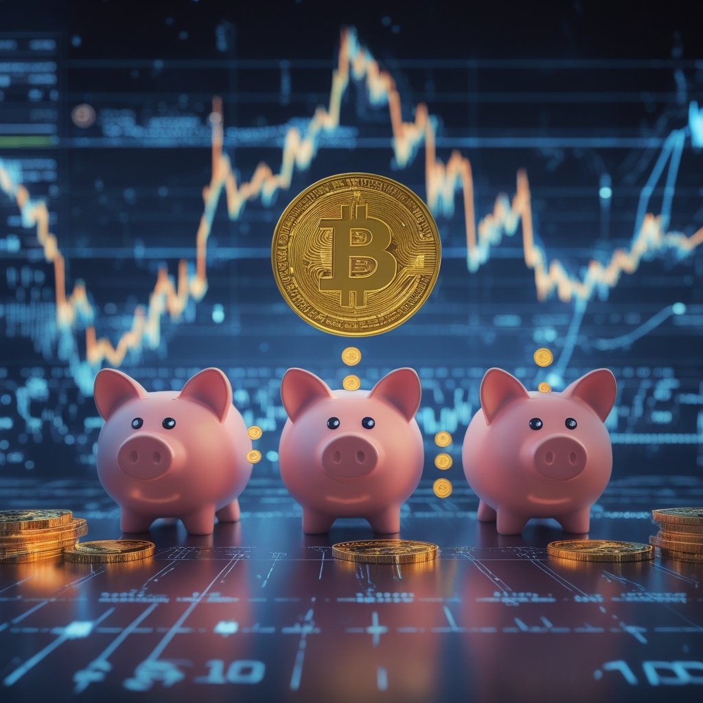 Bitcoin ETFs outflows: A cartoon showing three piggy banks labeled Solana, XRP, and Ethereum with coins flowing in, while the Bitcoin piggy bank has coins flowing out