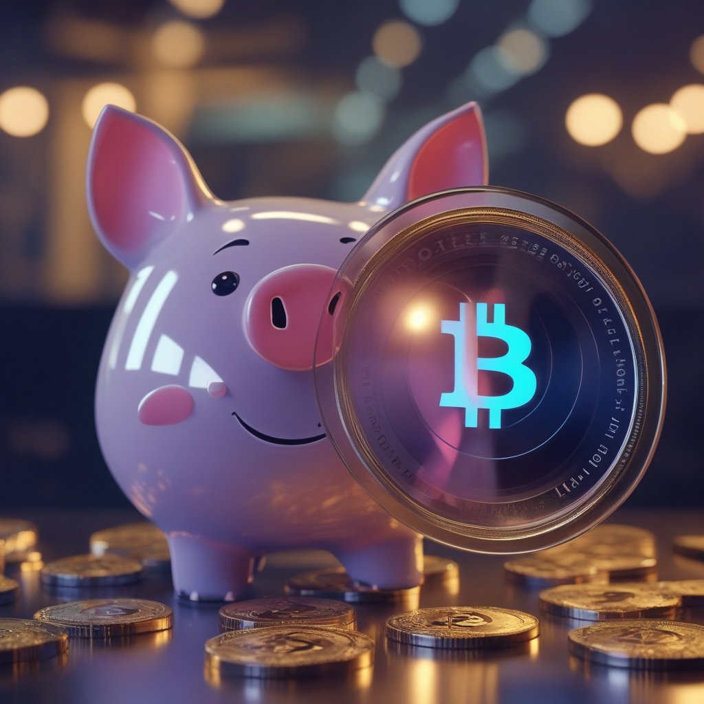 Bitcoin FOMC forecast: A friendly cartoon piggy bank with a digital coin inside, smiling