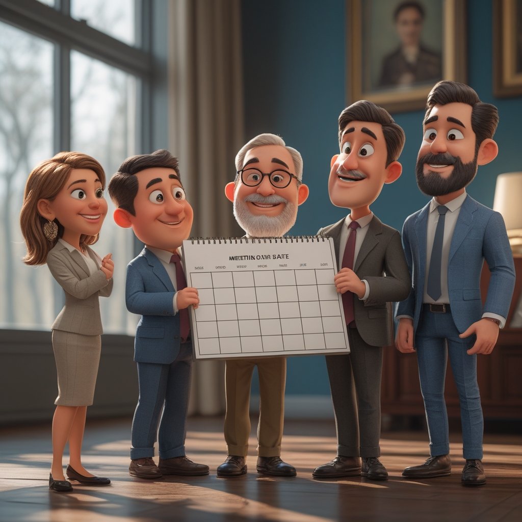 Bitcoin FOMC forecast: A group of friendly cartoon characters looking at a big calendar with a meeting date