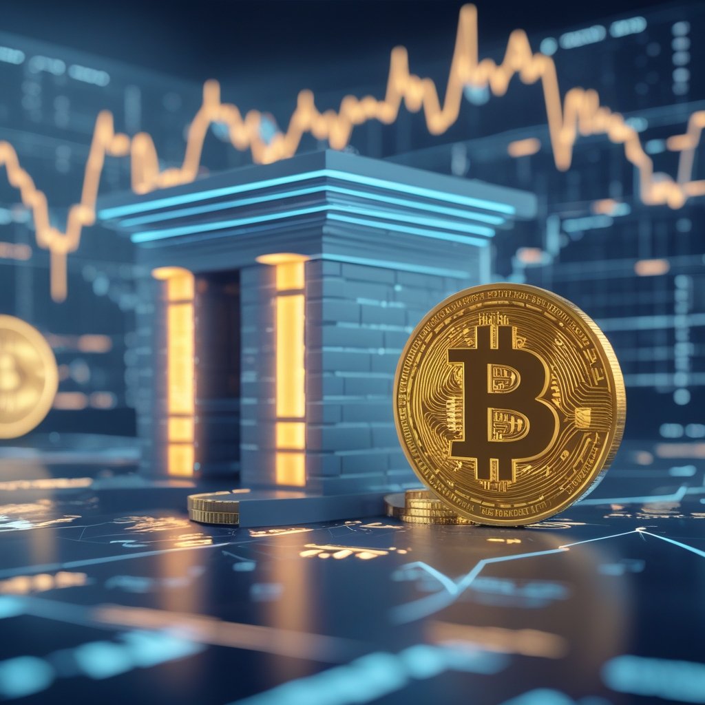 Bitcoin Gold Price: A happy cartoon bank building with a big Bitcoin and gold coin next to each other, showing they are friends